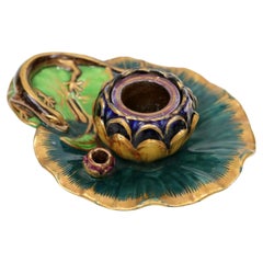 Antique Victorian Majolica Lizard on Leaf Inkwell, circa 1870