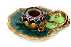 Antique Victorian Majolica Lizard on Leaf Inkwell, circa 1870