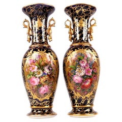 Pair of Antique French Paris Porcelain Cobalt Blue Floral Vases