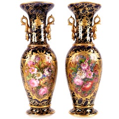 Pair of Antique French Paris Porcelain Cobalt Blue Floral Vases
