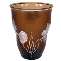 Amber Glass Vase with Silver Overlay Fish, Attributed to Gustav Moser-Millot