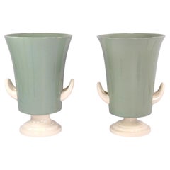 Keith Murray for Wedgwood Celadon Two-Handled Footed Vases, Art Deco Pair