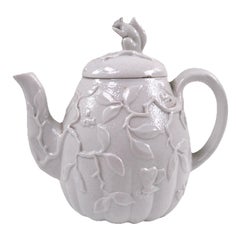 Antique Victorian Relief-Moulded Teapot Attributed to Minton, Squirrel Finial