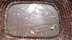 Antique Japanese Bamboo Basket with Inset Mixed-Metal Bronze Plaque, Yoshimichi