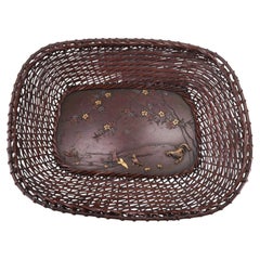 Antique Japanese Bamboo Basket with Inset Mixed-Metal Bronze Plaque, Yoshimichi
