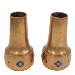 Antique WMF Jugendstil Hammered Copper and Enamel Vases, Pair, Geislingen