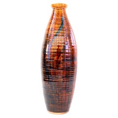 Mid Century E Parkes Large Studio Pottery Floor Vase with Ribbed Body