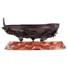 Antique Japanese Cast Bronze Boat-Form Ikebana Vessel on Carved Wood Stand