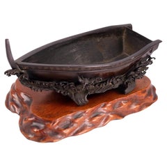 Antique Japanese Cast Bronze Boat-Form Ikebana Vessel on Carved Wood Stand