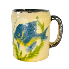Mid Century Devon Ware Style Hand-Painted Terracotta Fish and Crab Mug