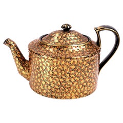 Antique Jackfield Jet Ware Jewelled Pottery Teapot with Gilt and Coral Enamel