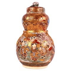 Antique Japanese Meiji Satsuma Double Gourd Vase with Applied Cord and Cover