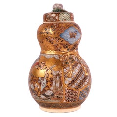 Antique Japanese Meiji Satsuma Double Gourd Vase with Applied Cord and Cover
