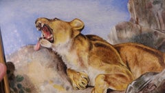 Antique Framed Hand-Painted Porcelain Plaque of a Roaring Lioness