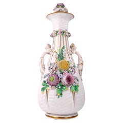 Large Antique Continental Floral Encrusted Porcelain Pot Pourri Floor Vase