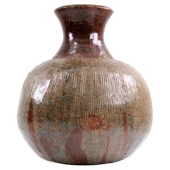 Mid Century Studio Pottery Stoneware Bulbous Vase with Incised Ribbing
