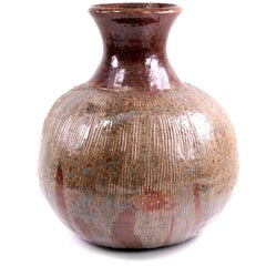 Mid Century Studio Pottery Stoneware Bulbous Vase with Incised Ribbing