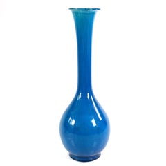 Antique Japanese Meiji Awaji Pottery Tall Stick Neck Vase, Azure Blue Glaze