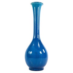 Antique Japanese Meiji Awaji Pottery Tall Stick Neck Vase, Azure Blue Glaze