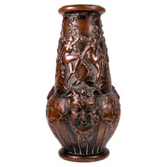 Antique Espaivet French Art Deco Copper Overlay Glass Vase with Bacchic Masks