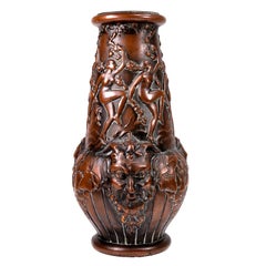 Antique Espaivet French Art Deco Copper Overlay Glass Vase with Bacchic Masks
