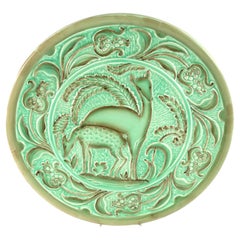 Burleigh Ware Art Deco Green Glazed Deer and Fawn Wall Charger Plaque
