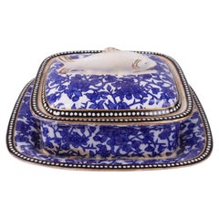 Antique Coalport Victorian Blue and White Porcelain Sardine Box and Stand