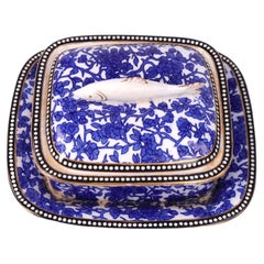Antique Coalport Victorian Blue and White Porcelain Sardine Box and Stand