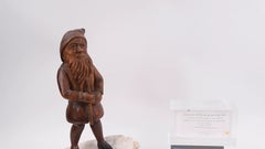 German Black Forest Carved Wood Explorer Gnome on Anhydrite Rock Base