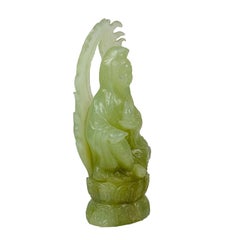 Chinese Carved Pale Green Jade Guanyin Figure on Lotus Base
