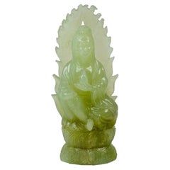 Chinese Carved Pale Green Jade Guanyin Figure on Lotus Base