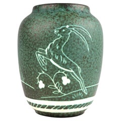 Mid Century Gmundner Keramik Austrian Art Pottery Vase with Sgraffito Gazelle