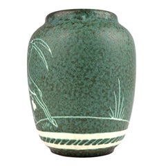 Mid Century Gmundner Keramik Austrian Art Pottery Vase with Sgraffito Gazelle