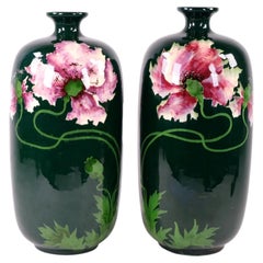 Antique Julius Dressler Pair of Art Nouveau Poppies Art Pottery Vases
