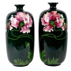 Antique Julius Dressler Pair of Art Nouveau Poppies Art Pottery Vases