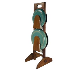 Teak and Green Glazed Ceramic Folding Four-Tier Hostess Plate Stand