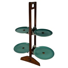Teak and Green Glazed Ceramic Folding Four-Tier Hostess Plate Stand