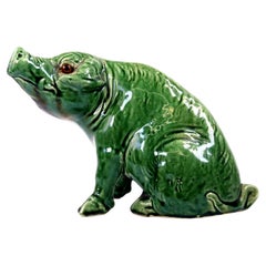 Green-Glazed Art Pottery Seated Pig Figure with Inset Glass Eyes ca. 1890