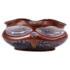 Antique Austrian Art Pottery Low Vase with Pierced Copper Overlay ca. 1890
