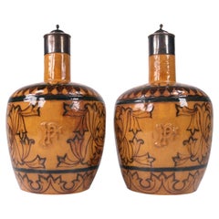 Antique Pair of Salt-Glazed Stoneware Decanters with White Metal Mounts ca. 1880