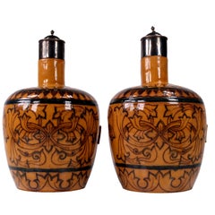Antique Pair of Salt-Glazed Stoneware Decanters with White Metal Mounts ca. 1880