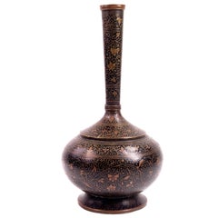 Antique Kashmiri Indian Engraved Brass Surahi Bottle with Black Niello Inlay