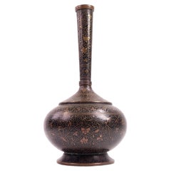 Antique Kashmiri Indian Engraved Brass Surahi Bottle with Black Niello Inlay