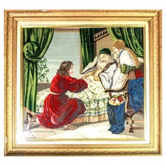 Antique Framed Berlin Woolwork Needlework Panel, Isaac Blessing Jacob ca. 1890