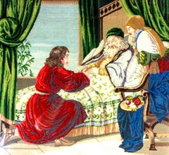 Antique Framed Berlin Woolwork Needlework Panel, Isaac Blessing Jacob ca. 1890