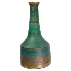Mid Century Studio Art Pottery Bottle Vase in Matte Green and Metallic Bronze