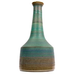 Mid Century Studio Art Pottery Bottle Vase in Matte Green and Metallic Bronze