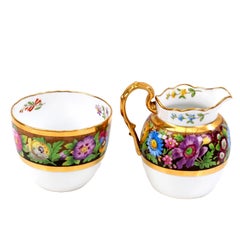 Antique Spode Copeland Hand-Painted Floral Porcelain Creamer and Sugar Bowl