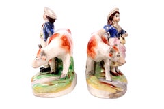 Antique Staffordshire Pottery Cow Figurine Pair with Milkmaid and Farmhand