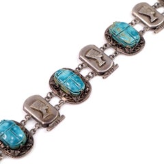 Egyptian Revival Silver and Turquoise Scarab Link Bracelet ca. 1920